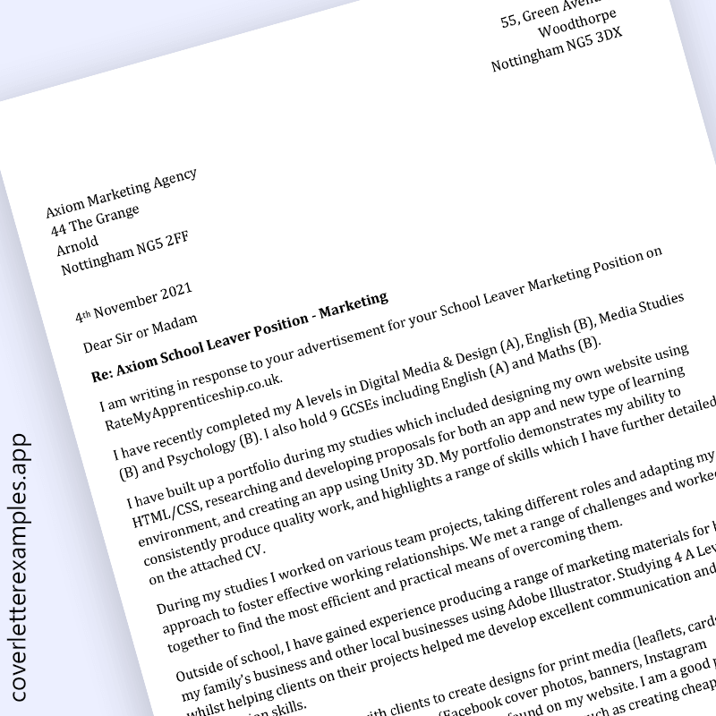 School leaver cover letter example
